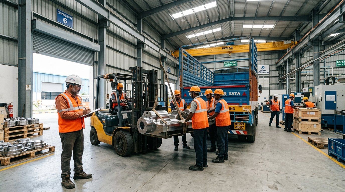 Active industrial factory dispatch bay with truck, forklift, and supervisor verifying dispatch invoice