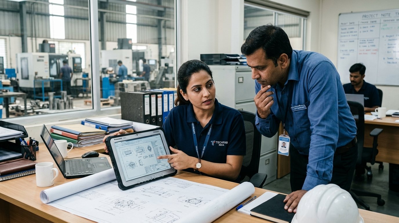 Indian manufacturing sales team reviewing CAD blueprint on shop floor tablet
