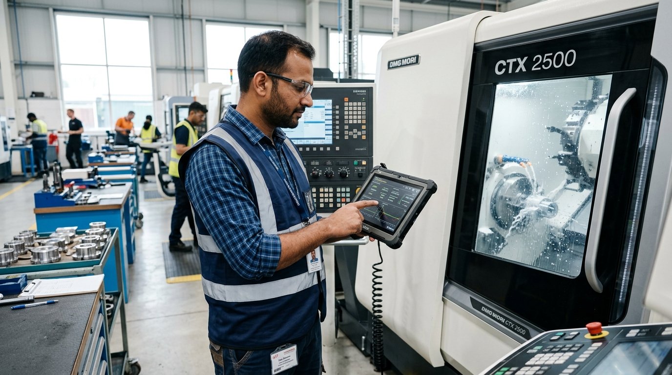 Indian plant technical sales engineer with tablet next to CNC machine on shop floor