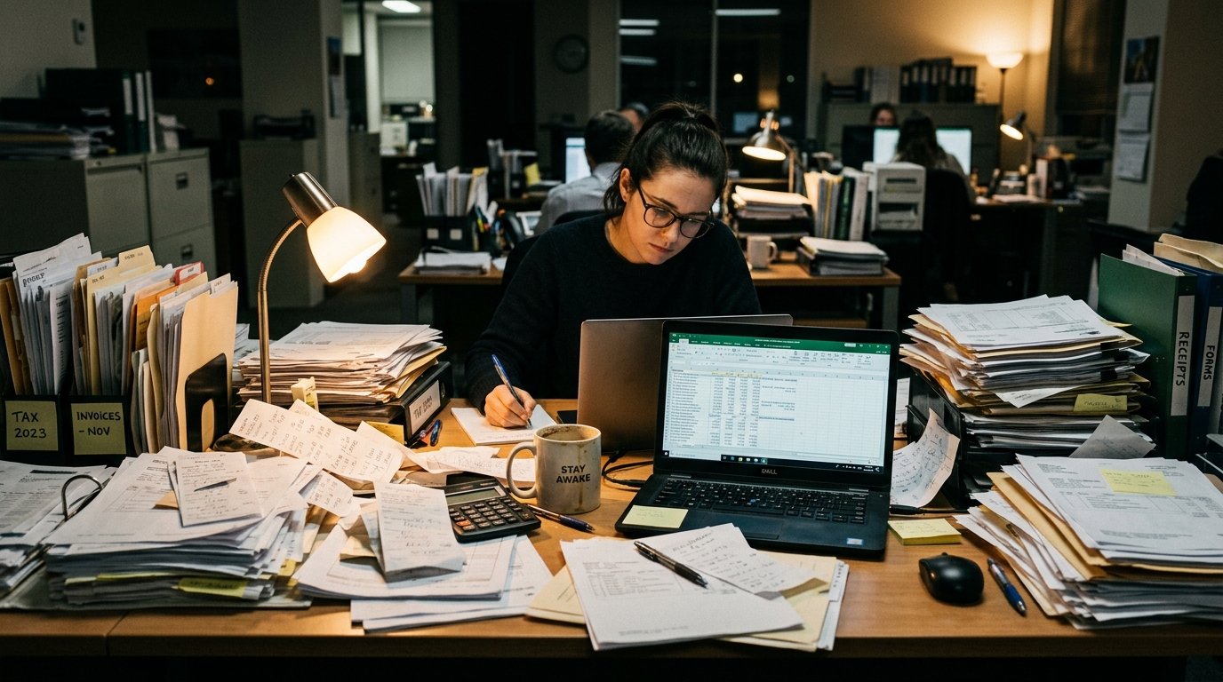 Late night cluttered desk with invoice spreadsheets and paper stacks