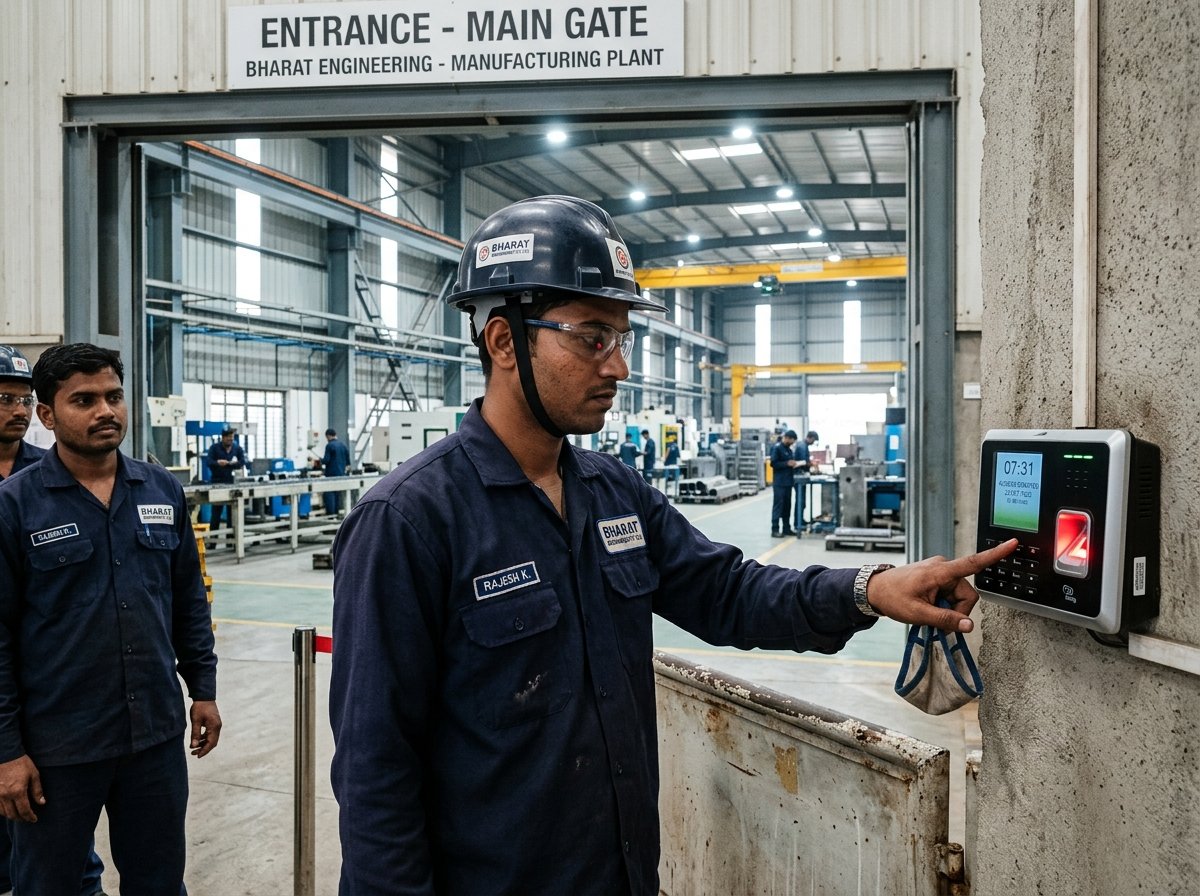 Active Indian Industrial Technicians Punching In at Biometric Optical Gate Scanner