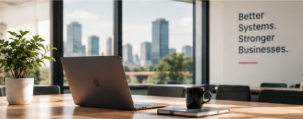Better Systems. Stronger Businesses. Sunlit modern workspace.